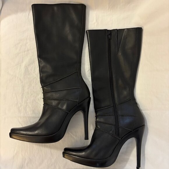 Steve Madden "Holsteer" Black Leather Knee High Stiletto Heeled Boots, Size 8 - Picture 2 of 10